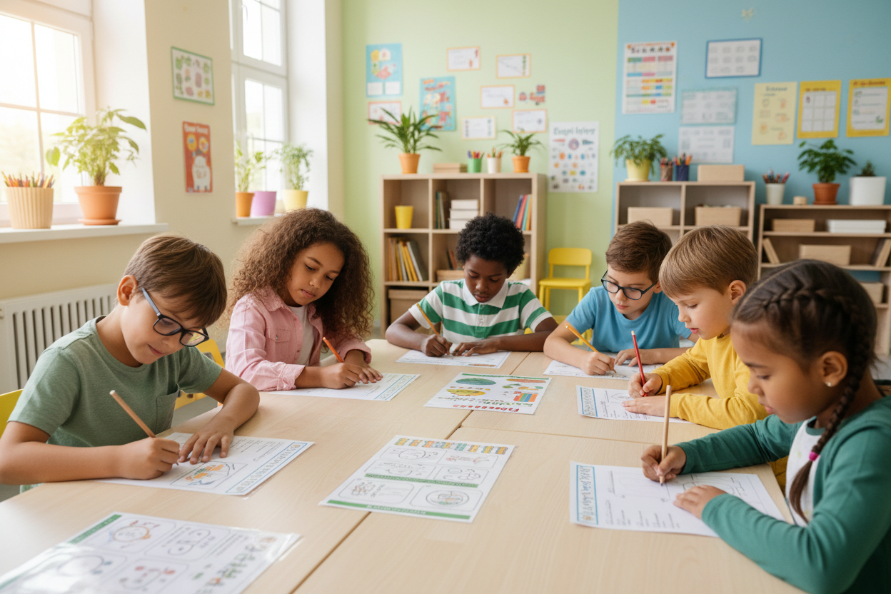 A group of Kids focusing on the worksheets 