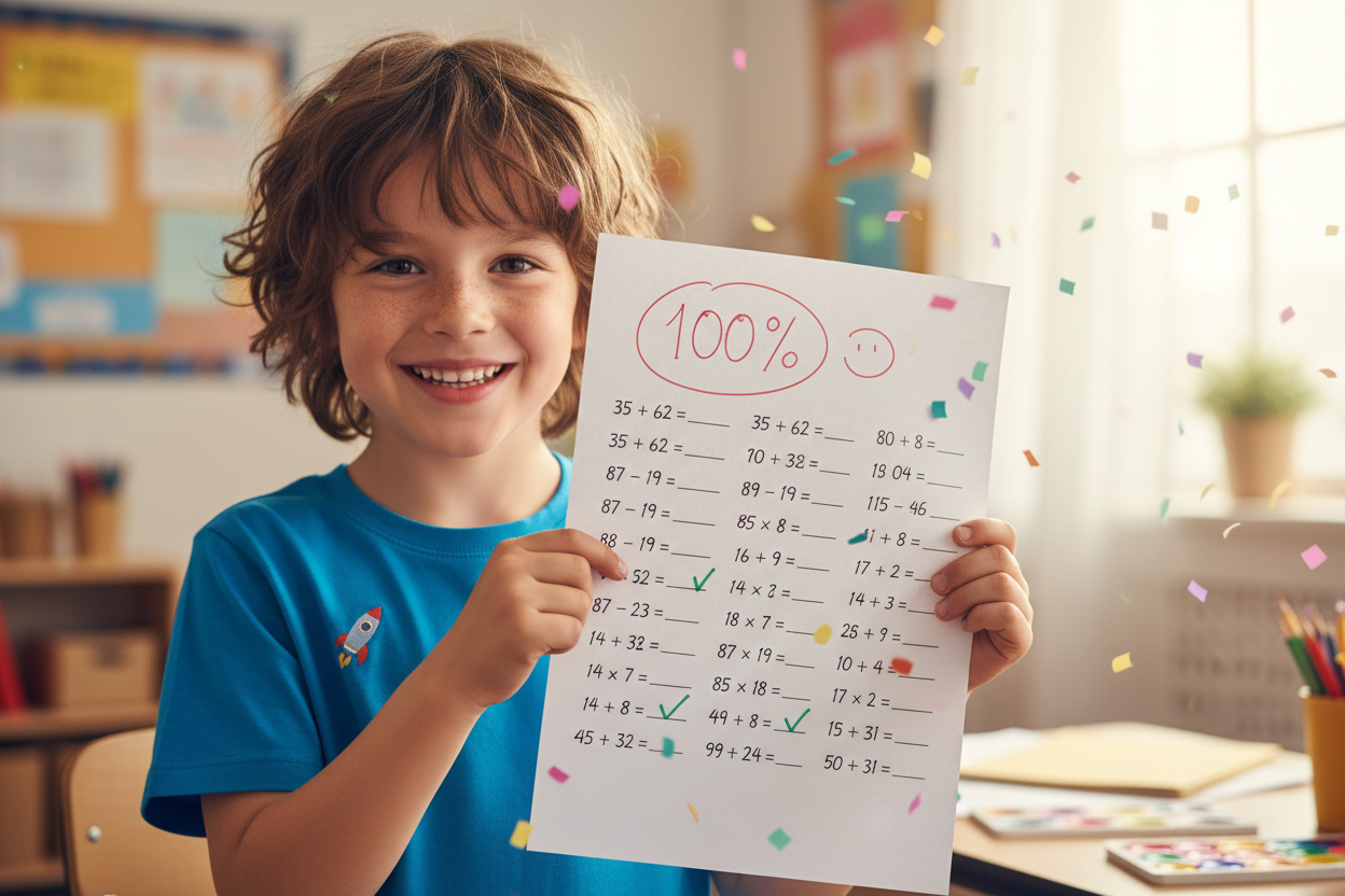 A kid holding a proper math worksheet showing off with 100 marks!