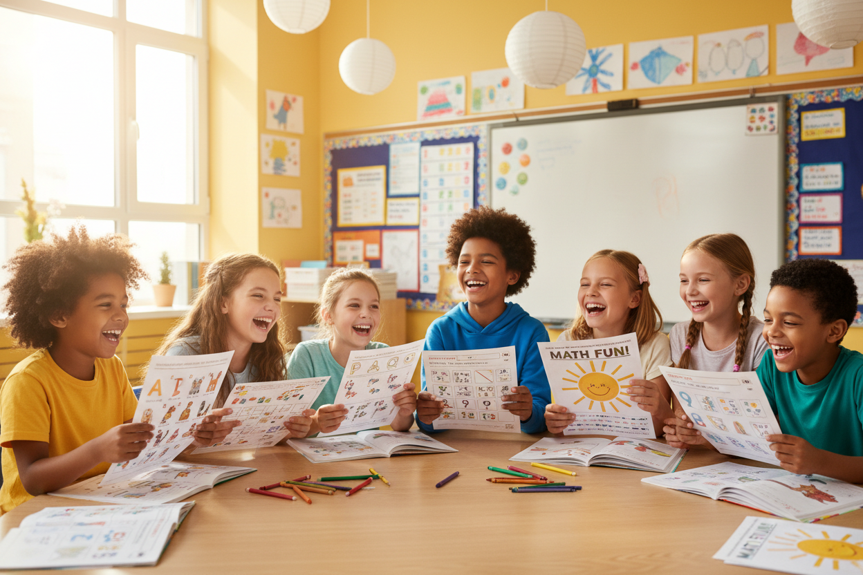 Group of kids laughing with the worksheets